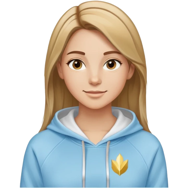 Woman with predominantly brown hair with blonde highlights, straight with side part, serene smile, dreamy eyes, wearing a light blue fantasy-sporty hoodie with golden and white details emoji
