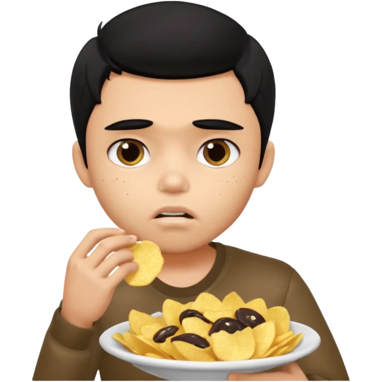 a PRETTY BRATZ boy with black hair, stuffing his face with chips and looking sad emoji