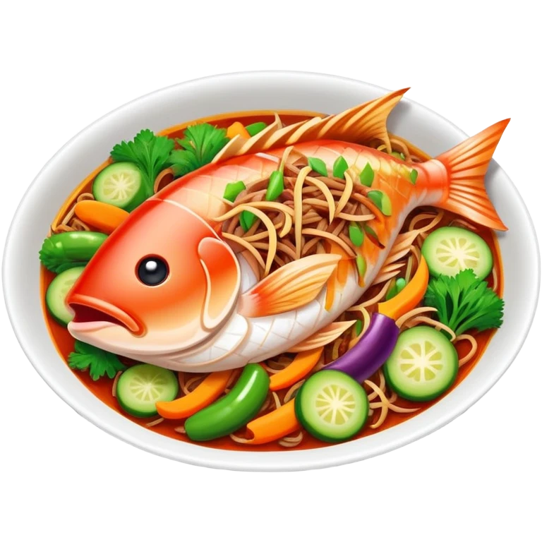 Fish Fragrant Shredded Pork with colorful vegetables in sauce, simplified emoji style with bold outlines and bright colors, cartoon style Yu Xiang Rou Si dish emoji
