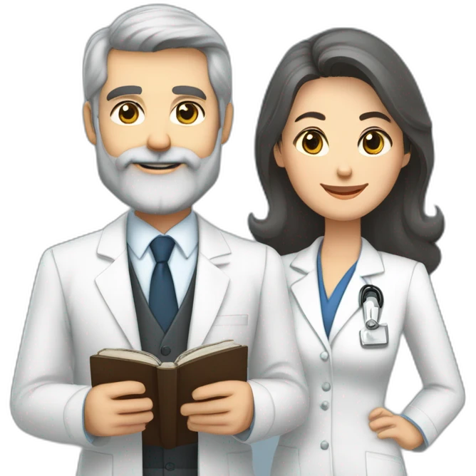 husband classy caucasian 55 dark gray hair trimmed beard wearing business suit and holding bible, with wife asian age 55 dark hair nurse uniform, no children emoji