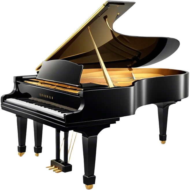 Cinematic Realistic Piano, glossy black grand piano with elegantly curved edges, pristine white and black keys, soft golden light reflecting off its polished surface, faint reflections of a musician’s hands, glowing with refined elegance and musical depth. emoji