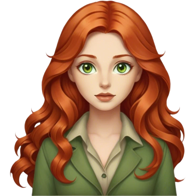 Young handsome woman with long, wavy, copper red hair and beatiful green eyes and light skintone. Clothing in earthy colors, beige or bottle green. large but not exaggerated bust and full lips. the woman looks very natural emoji