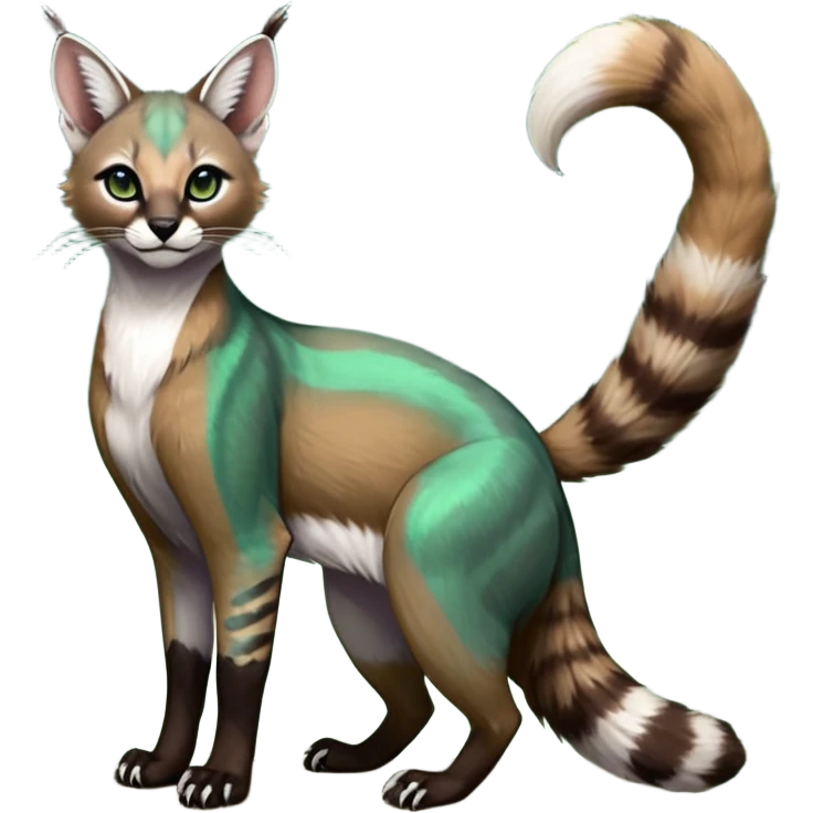 Colorful dark tropical dusky-hunter-green and dark-brownish iridescent pastel white glorious divine exotic cute cool beautiful shiny beautiful fantasy-caracal-civet-genet-sergal-vernid-Cacomistle-oncilla-animal-Fakémon-hybrid-fursona (full body) emoji