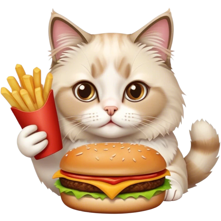 Cute Ragdoll cat eating burger and fries and a pizza  emoji