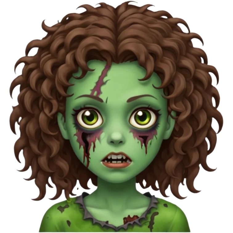 Faça uma garota zombie de cabelo cacheado castanho, olhos castanhos escuro e pele verde d zombie, com o cabelo grande emoji