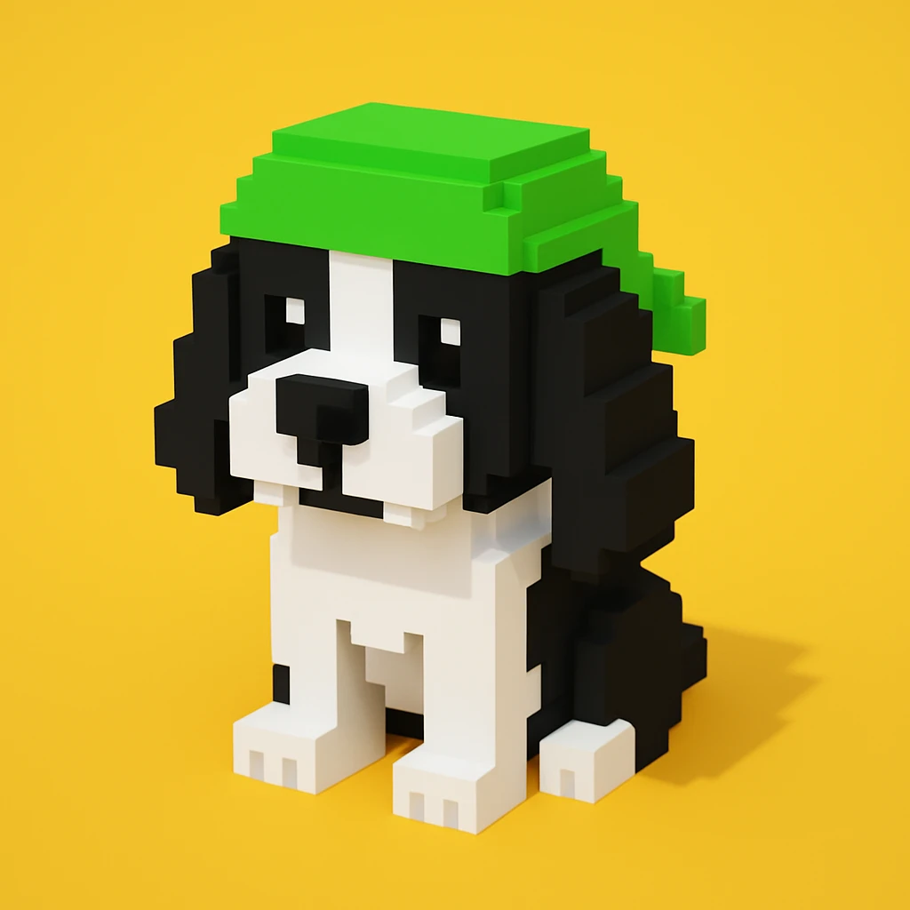 A black and white Russian Cocker Spaniel puppy wearing a green durag, voxel style, standing emoji