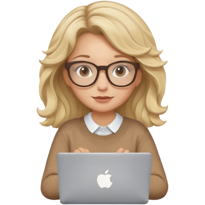 upper body view: blonde girl with dark blonde wavy hair, wearing pantos-style glasses and a brown sweater, sitting with a laptop, flat vector design, soft pastel colors, white background, Apple emoji style, upper body shot emoji