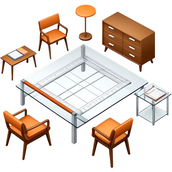 Icon for Furniture Design: a furniture drawing with 3D models of furniture pieces placed on top, accompanied by rulers and a pencil. The icon should represent the design process with focus on precision and modeling. Transparent background. emoji