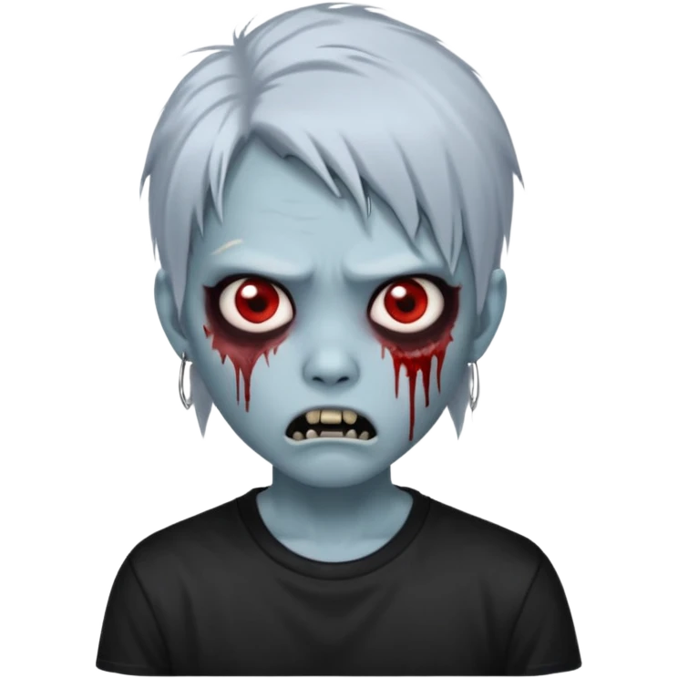 Create a 3D emoji-style avatar with very pale blue-grey zombie skin like the reference image, a young Asian face, and large eyes with blood tears. Give it white mullet hair style , silver hoop earrings, and a plain black T-shirt. The face expression should be slightly angry, with vampire fang  emoji