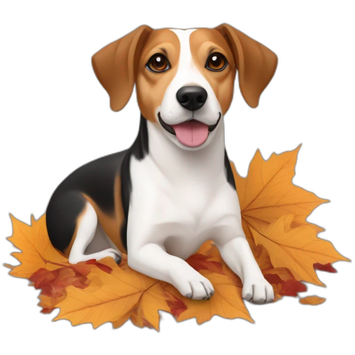 older beagle jack russell mix dog laying in fall leaves emoji