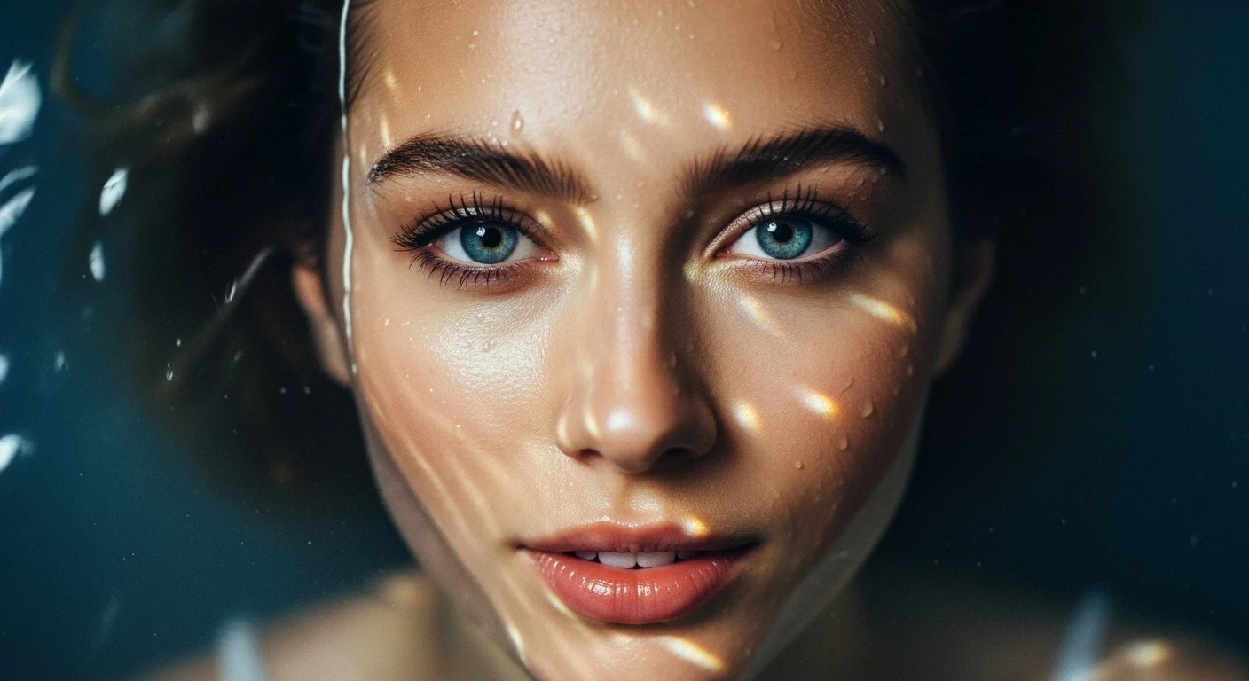 Extreme Closeup photo of a beautifull woman, water light reflection on face, low key light, cinematic light, 8K, very detailed, sharp emoji