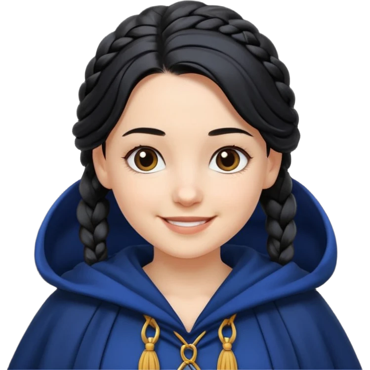 braid black hair, white girl, dark blue cloak, happy smile emoji