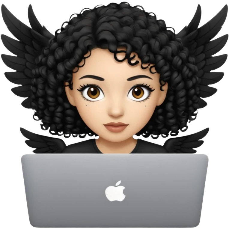 a girl using the mac book air with black curly hair and brown eyes with winged black eyeliner emoji