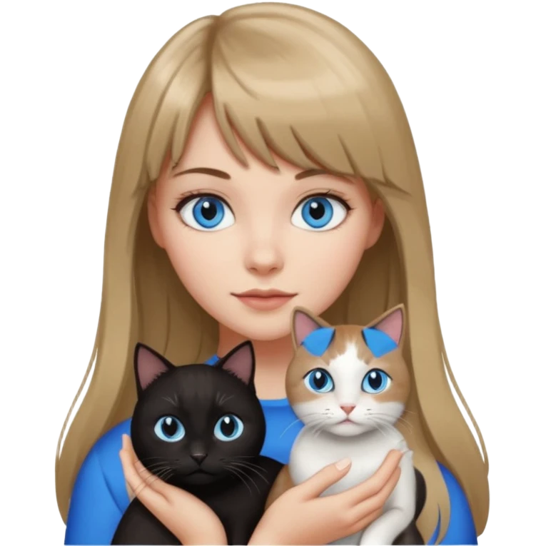 Apple-style emoji sticker of a young woman with long dark blond hair and bang, blue eyes , holding a black and white cat emoji