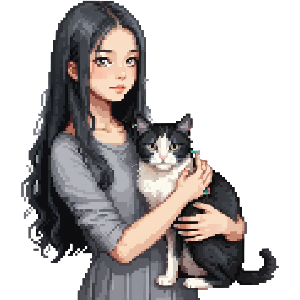 Beautiful girl with long black hair petting a gray and blonde mixed cat emoji