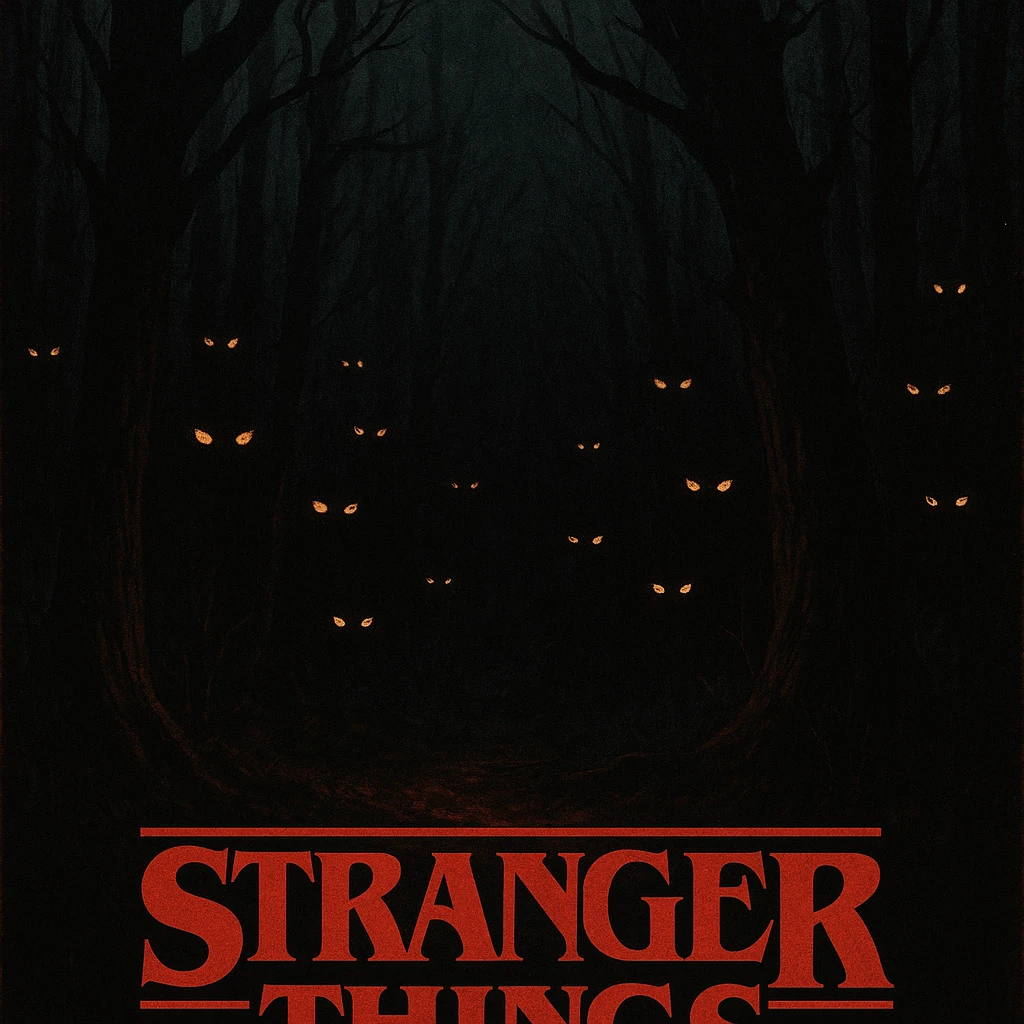 Stranger Things series horror poster style, a dark forest with glowing eyes watching from the shadows, suspenseful and haunting emoji