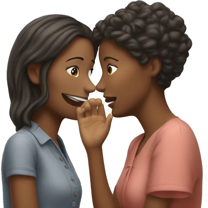 One woman whispers into the ear of another woman closing by hand emoji