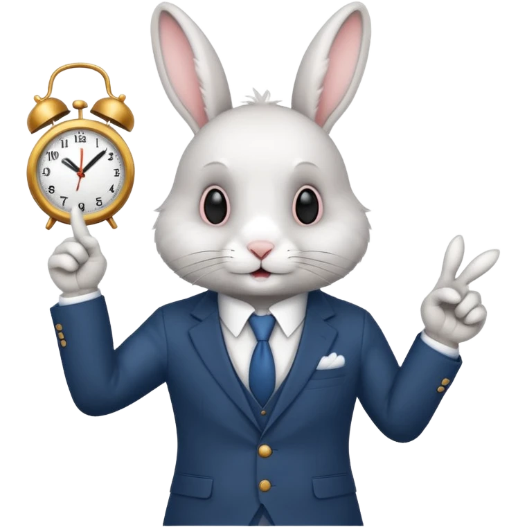 A rabbitwearing a suitand holding a clockand pointing at the clock emoji