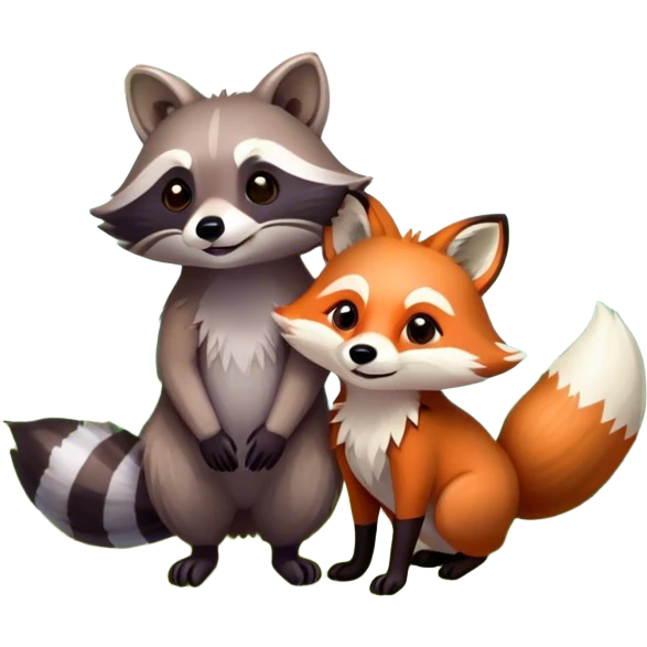 raccoon and a fox among a colorful forest with vibrant green trees, bushes and flowers. The animals are in the foreground, surrounded by a lush, bright forest, with soft sunlight filtering through the leaves. A playful and wild scene with a transparent background. emoji