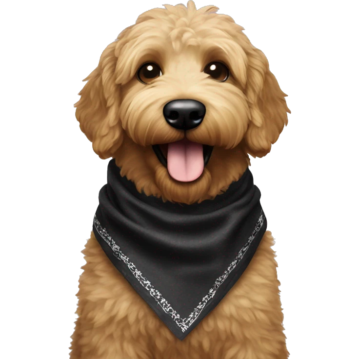 BLACK golden doodle wearing sunglasses with a big smile. Also with a bandanna around its neck. Dog needs to be all black emoji