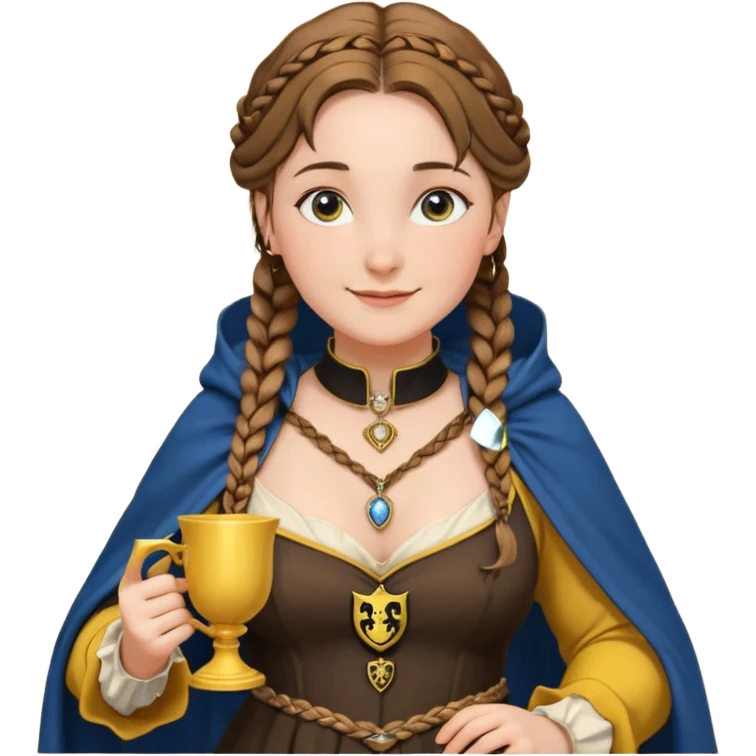 Helga Hufflepuff, blue eyes, brown-haired, two brown braids, yellow-black medieval dress, black cloak decorated with gold braiding, tiny gold cup with two handles, very kind smile, curvy busty sweet woman, macromastia, thick round rosy cheeks, gold pendant with round black stone emoji