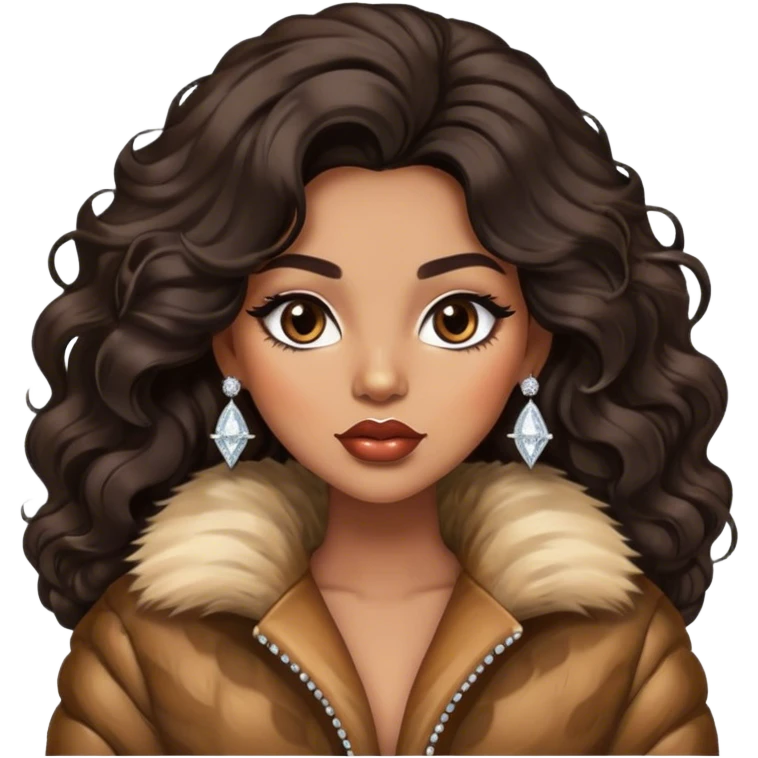 light brown skin tone, very beautiful woman, with big plump lips, long long lashes, black wavy long hair, brown eyes, fur jacket, diamond earrings emoji