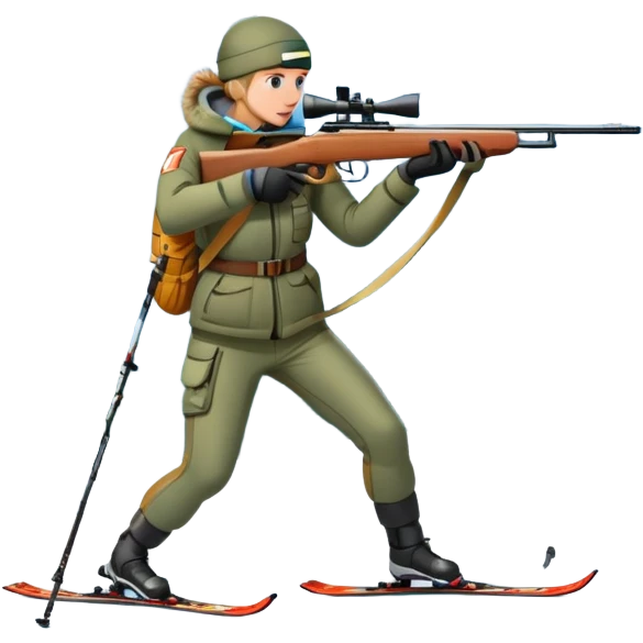 An icon showing a snowy landscape with pine trees, mountains, and a clear sky with a biathlete aiming a rifle in the foreground, wearing winter gear and skis. Transparent background emphasizes the precision, endurance, and beauty of this winter sport. emoji