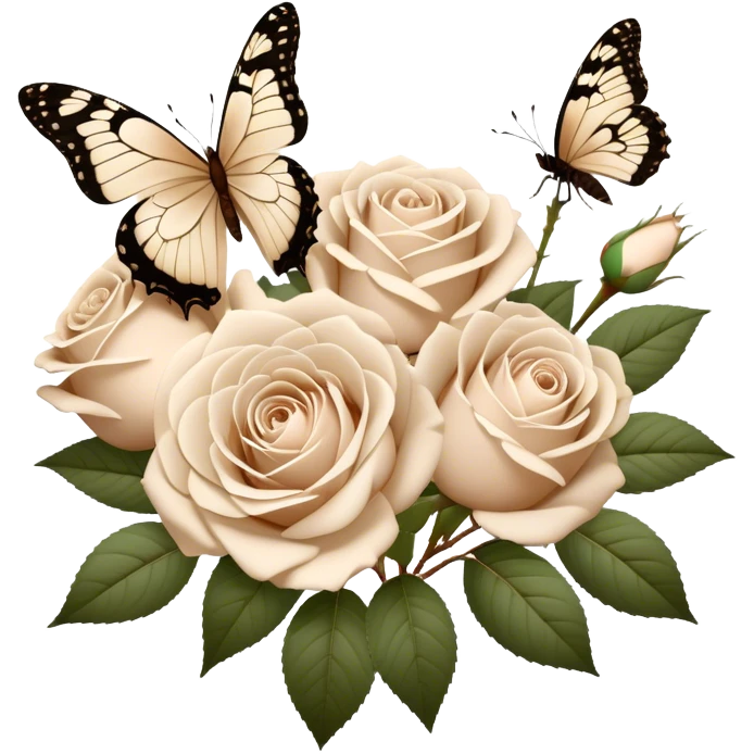 A bouquet of white Ascott tea roses next to a beige aesthetic and a brown beautiful butterfly emoji