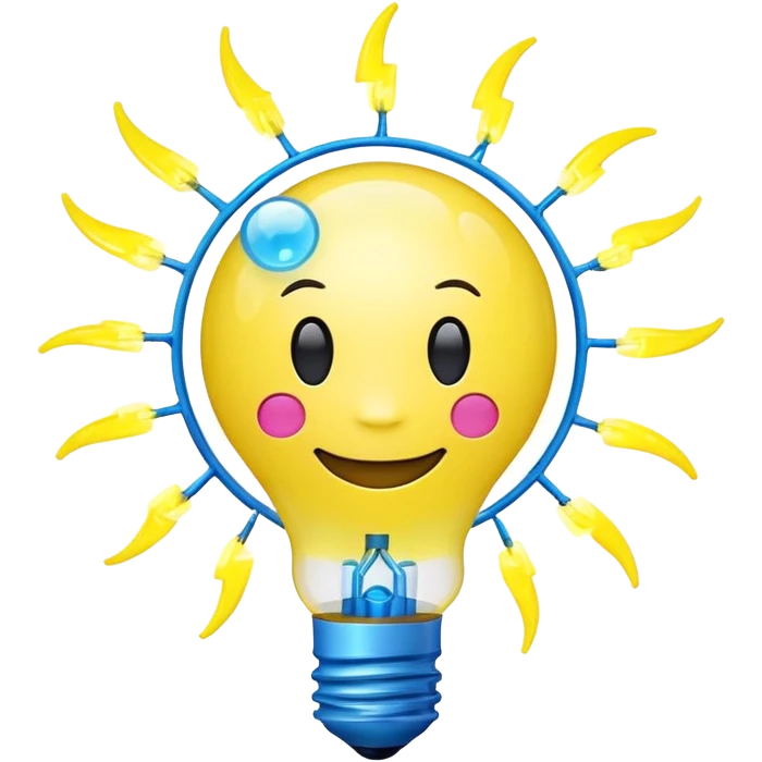 bright yellow lightbulb emoji with smiling face, small rotating atom inside, floating chemical bubbles, small electric blue lightning bolt on top, neon yellow #FFD700, electric blue #00BFFF, bright pink #FF69B4, representing creativity, science, and youthful innovation emoji