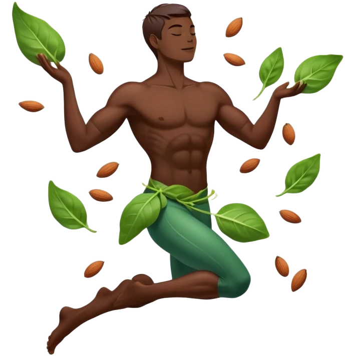 Spinach leaves, almonds, dark chocolate, and seeds floating around a relaxed body silhouette. Light beams flowing from these foods to the body's muscles and nervous system, creating a soothing, calming effect visualized as a gentle glow throughout the body. emoji