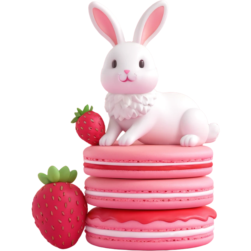 A cute bunny rabbit sitting on top of a pink macaron dessert with strawberry filling and a strawberry slice on top. emoji