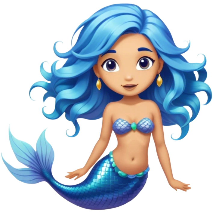 Cinematic Realistic Blue Hair Mermaid Portrait, head tilted playfully and inquisitively, showcasing a delicate, tropical form with finely detailed, flowing blue hair contrasting beautifully against her sun-kissed tanned skin. Her bright, curious eyes sparkle like sea gems under warm filtered light, rendered with lifelike clarity and soft underwater illumination—capturing the essence of a spirited mermaid poised to dance playfully amidst coral reefs. emoji