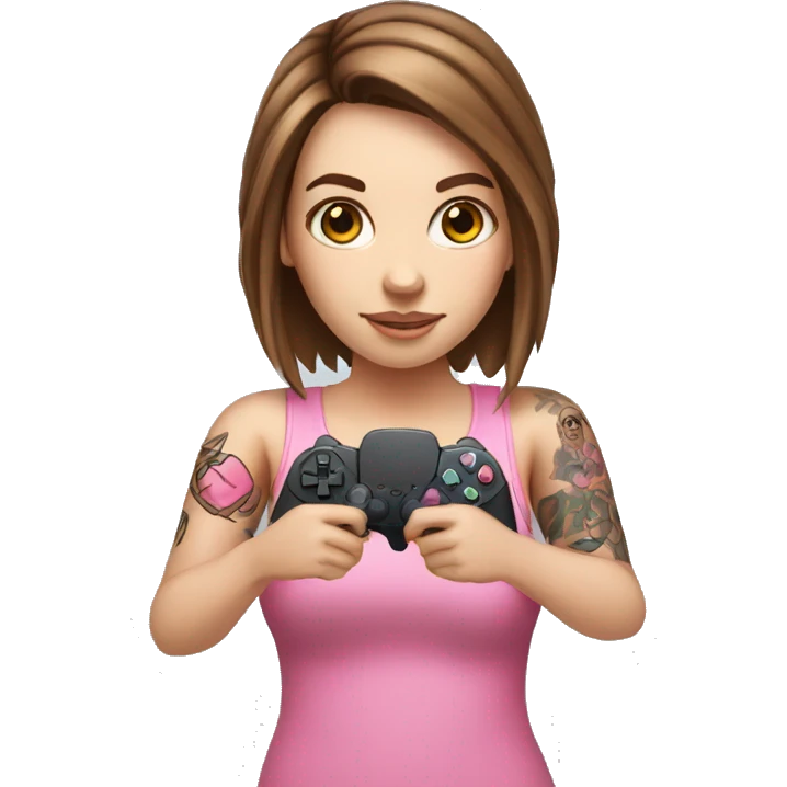 White girl with arm tattoo and brown hair holding a pink game controller emoji