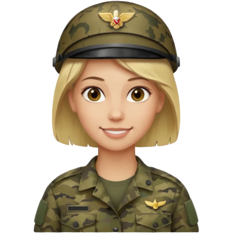 Apple-style emoji: female soldier, bust, no cap/helmet, friendly smile, generic camo top, blonde hair emoji