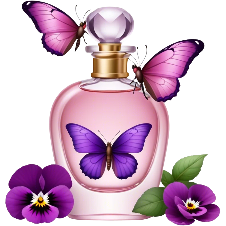 A butterfly with striking Tyrian Purple and Jasper Red wings delicately lands on a Rosewater Pink perfume bottle. Misty Rose pansies bloom softly around, creating a dreamy, romantic scene." emoji