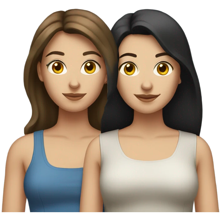 two caucassian woman with brown hair standing next to each other. One has black hair the other one has brown hair and is slightly shorter then the woman with black hair emoji