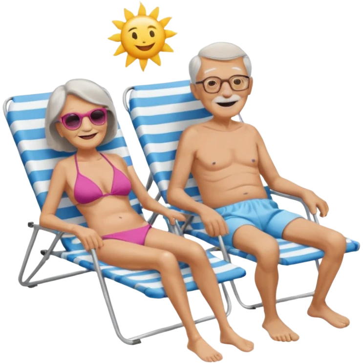 an emoji that shows elderly one very slim woman in bikini and one man with dickbauch in bath shorts, both are retired and are lying in sun-chairs at the beach to recover from retiring-stress emoji