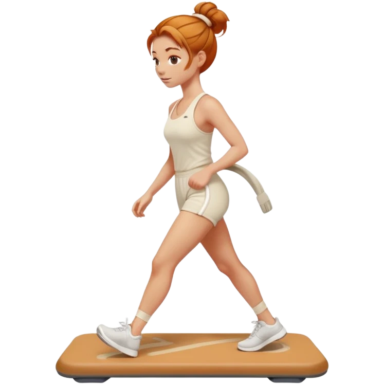 Beautiful Ginger girl messy bun walking on walking pad cream gym outfit emoji