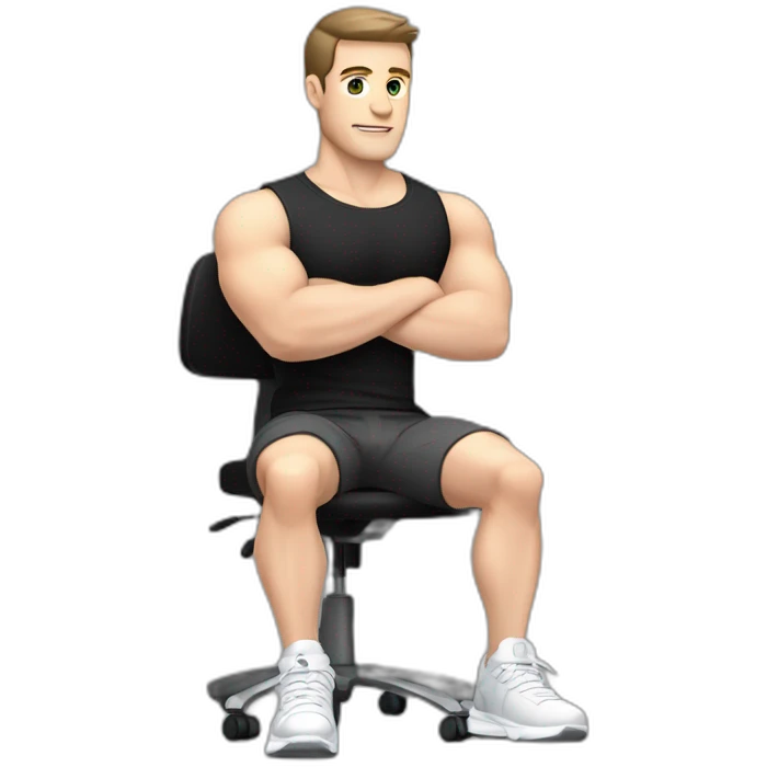 Pale skinned Fit Man With the biceps and dark brown hair in black shirt, gray sports shorts and white Sneakers Sitting on a chair emoji