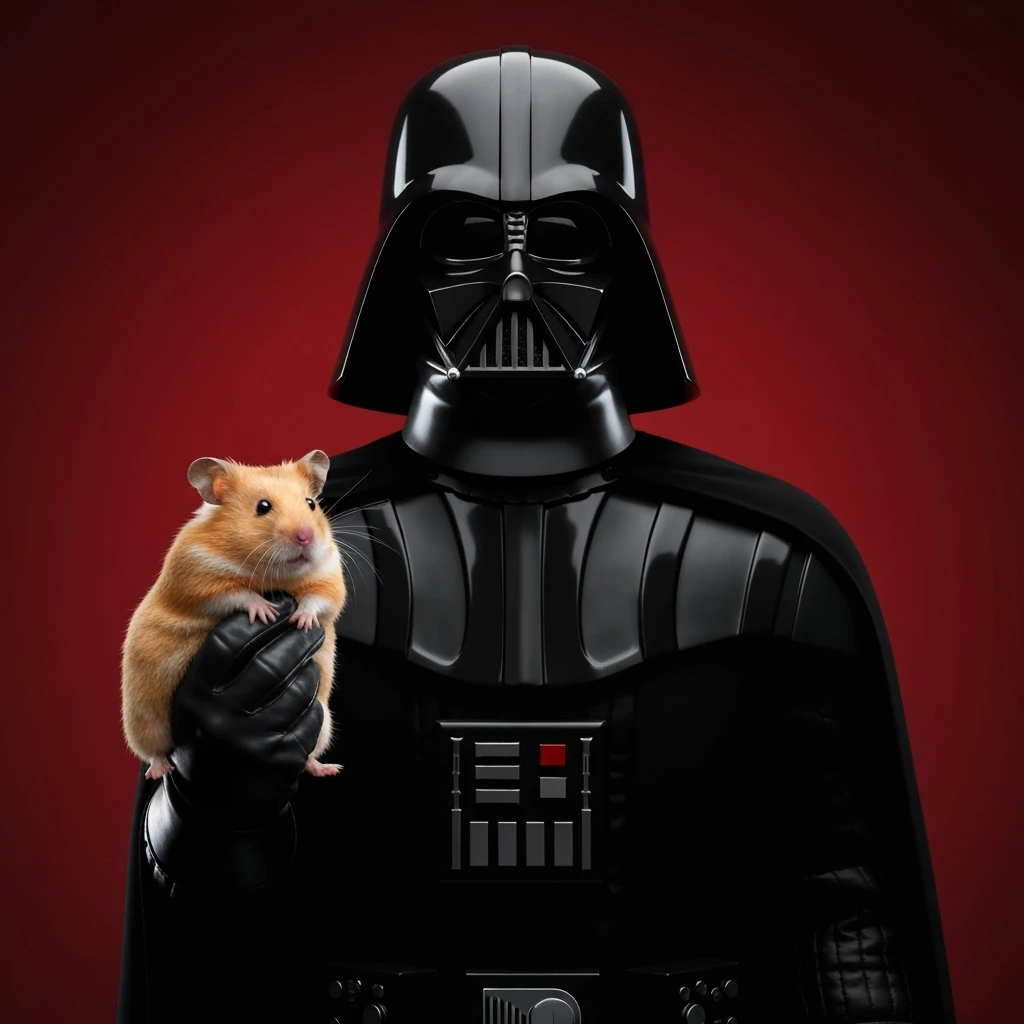 Closeup Photo of a darth vader holding big hamster, low key light, red solid background with leading lines, back light, spot light emoji