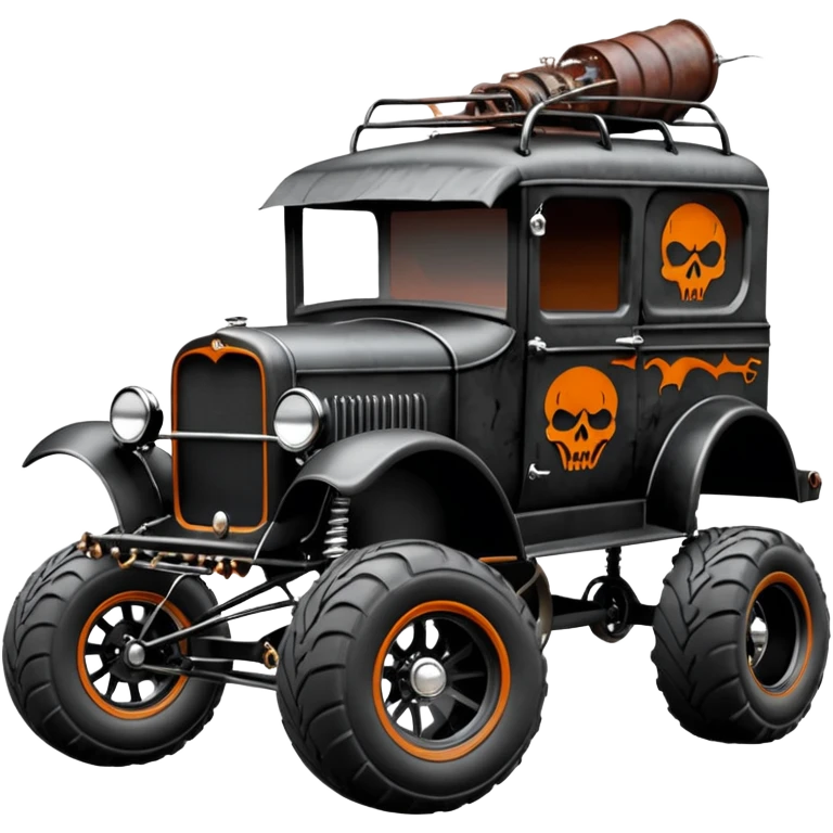 1:10 off-road pot-smoking rusting Basher style 1927 blackened tarnished hotrod rat rod streamlined anime vampire ghostly-glowing Dodge zombie infected extended-cab rc bulging monster pickup (extra wide low-profile pin tires chrome wheels with fenders) emoji