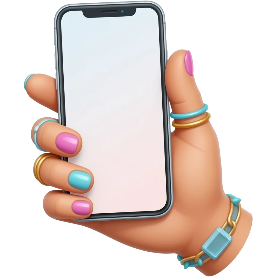 cute girls hand with pastel nails, rings, and accessories. holding iphone with screen upwards emoji