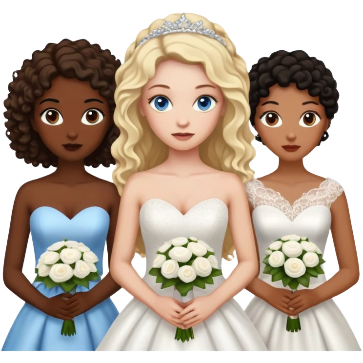 4 femmes en robe de mariée, une blonde avec les yeux bleu, une avec la peau très foncé les yeux et les cheveux marron foncé, une brune avec les yeux marrons et la peau blanche, et une métisse avec les cheveux bouclés et les yeux noirs  emoji