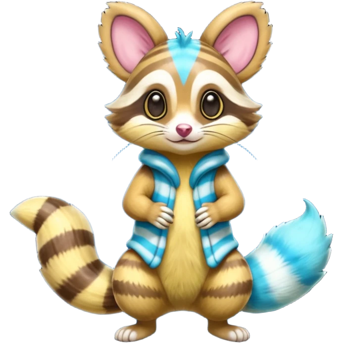 Neon-yellow and neon-cobalt-blue- and cyan-gradients-striped Furret-Sentret-Genet-Cacomistl-hybrid-fusion (full body) emoji