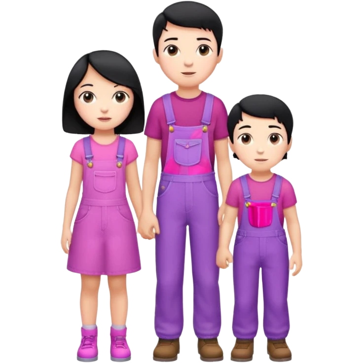 A short boy with black hair in pink overalls standing next to a really tall girl in a purple dress emoji