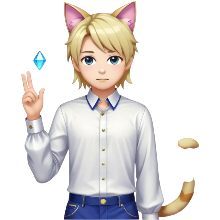 effeminate young femboy man with shiny hair, cat ears, blouse, cute, gorgeous, anime, catboy, full body emoji