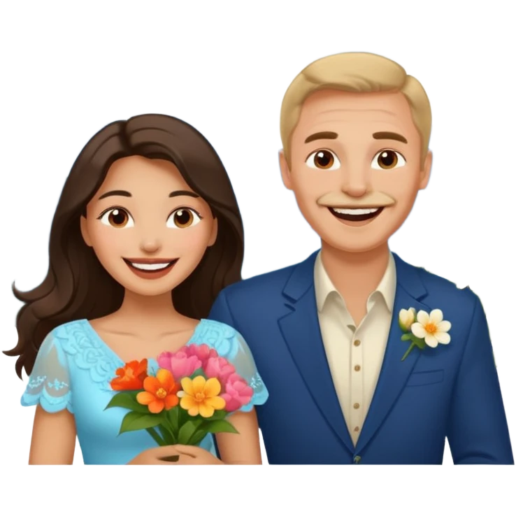 Couple  laughing traveling russian man and elegant  Latina girl delicate flowers and mountains in the background  emoji