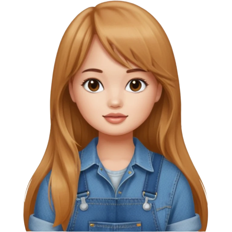Debby Ryan (long hair with straight (not curtain) bangs) wearing overalls emoji