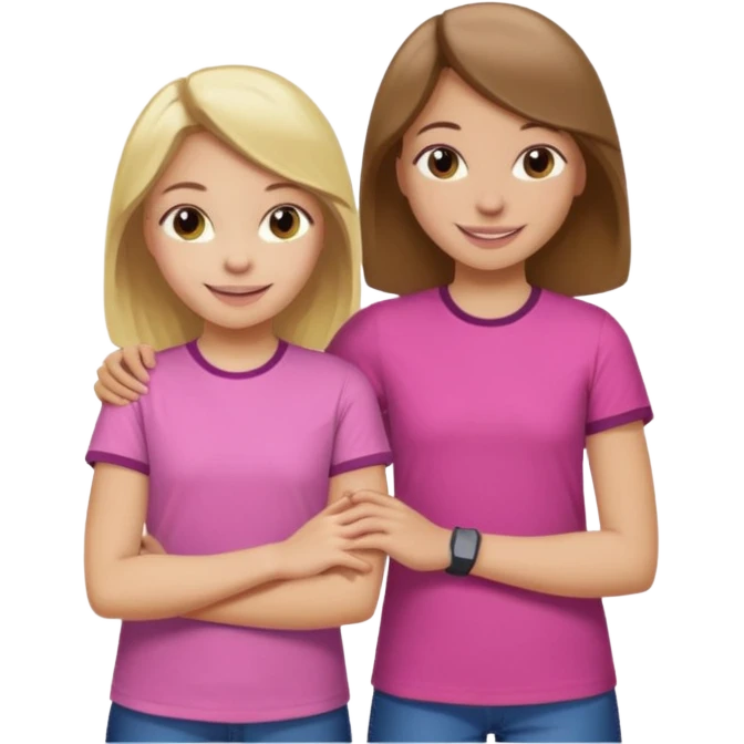 Two Girls with their arms around each other at summer camp one blonde one brown hair brown hair wearing pink shirt emoji
