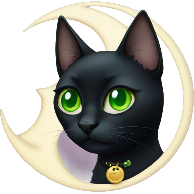 Black cat with green eyes wearing a moon charm on his collar emoji